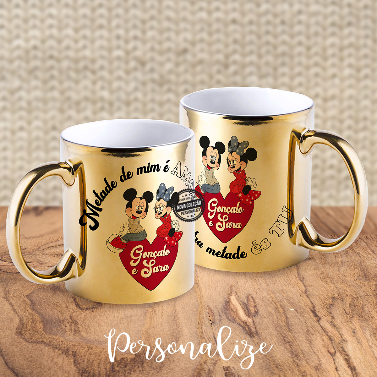 Conjunto canecas Minnie e Mickey " Metade de mim é amor...a outra metade és tu". Personalize com a pequena frase que desejar. Vendido em conjunto ou separadamente. Caixa incluída.
