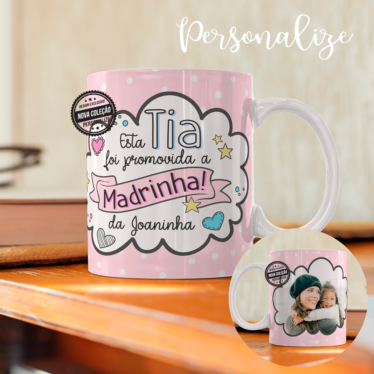 Caneca com fotografia "Esta tia foi promovida a madrinha"