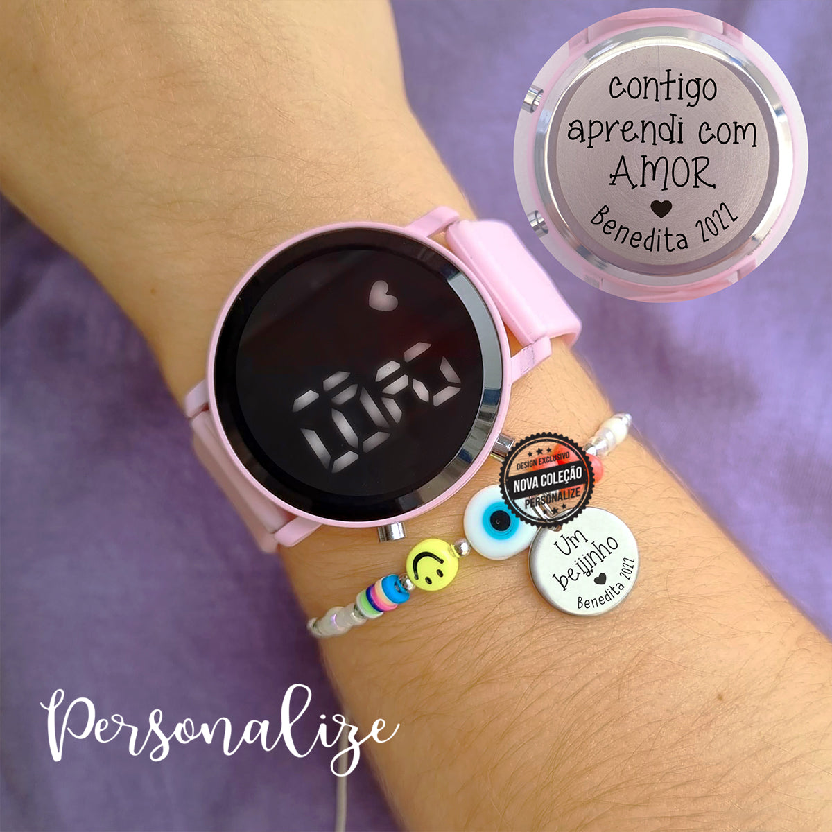 conjunto relogio de silicone  e pulseira de missangas personalizadas.