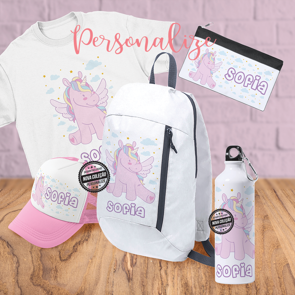 conjunto de 5 peças unicórnio composto por estojo, t-shirt, garrafa, boné,mochila . Personalizado como desejar.