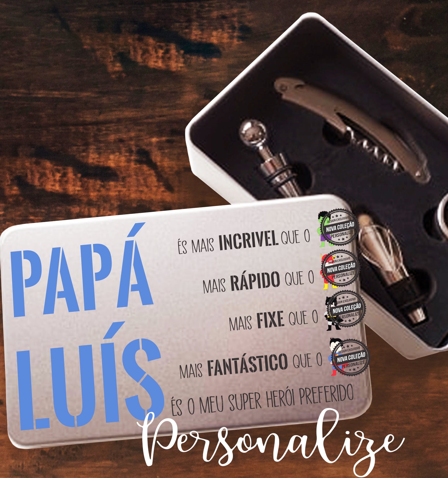 Conjunto de Vinho em metal " Pai és o meu Herói Favorito "