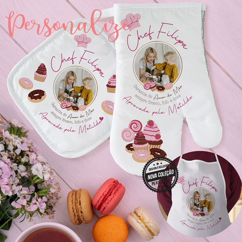 Conjunto de luva / pega de cozinha e Avental " Chef Mãe "