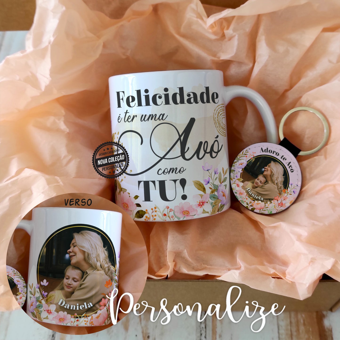 Conjunto " Felicidade é ter uma avó como tu" composto por caneca de cerâmica com fotografia e porta chaves igual em pele sintética, pode personalizar ao seu gosto. O conjunto segue nesta caixinha especial muito amorosa. O presente perfeito para qualquer ocasião, para mimarmos os nossos avós