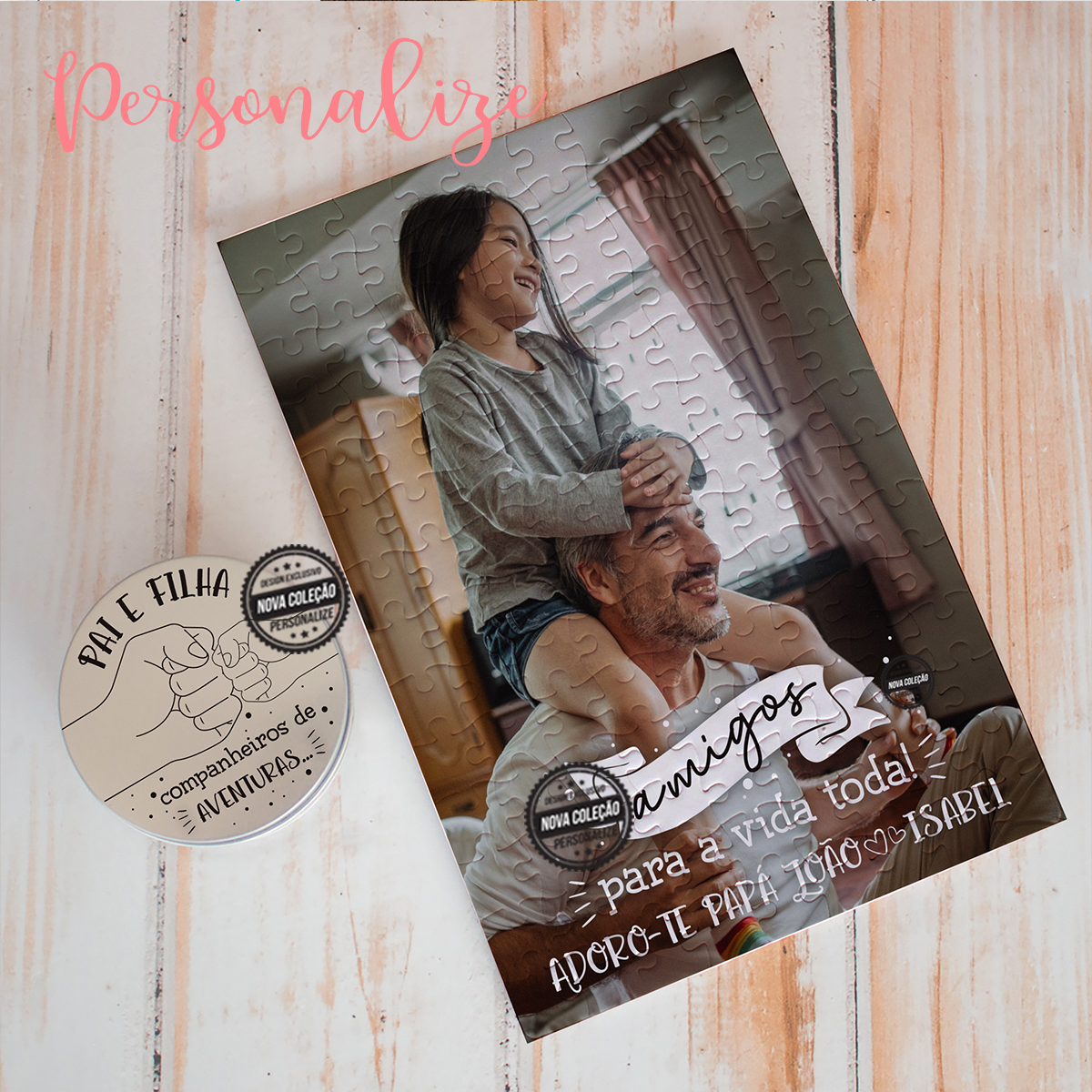 Surpreenda o seu pai neste dia tão especial com um presente super original personalizado por si!  Puzzle de 120 peças personalizado com frase e fotografia  com opção de caixinha metalizada também personalizada. Vendido em conjunto ou separadamente.