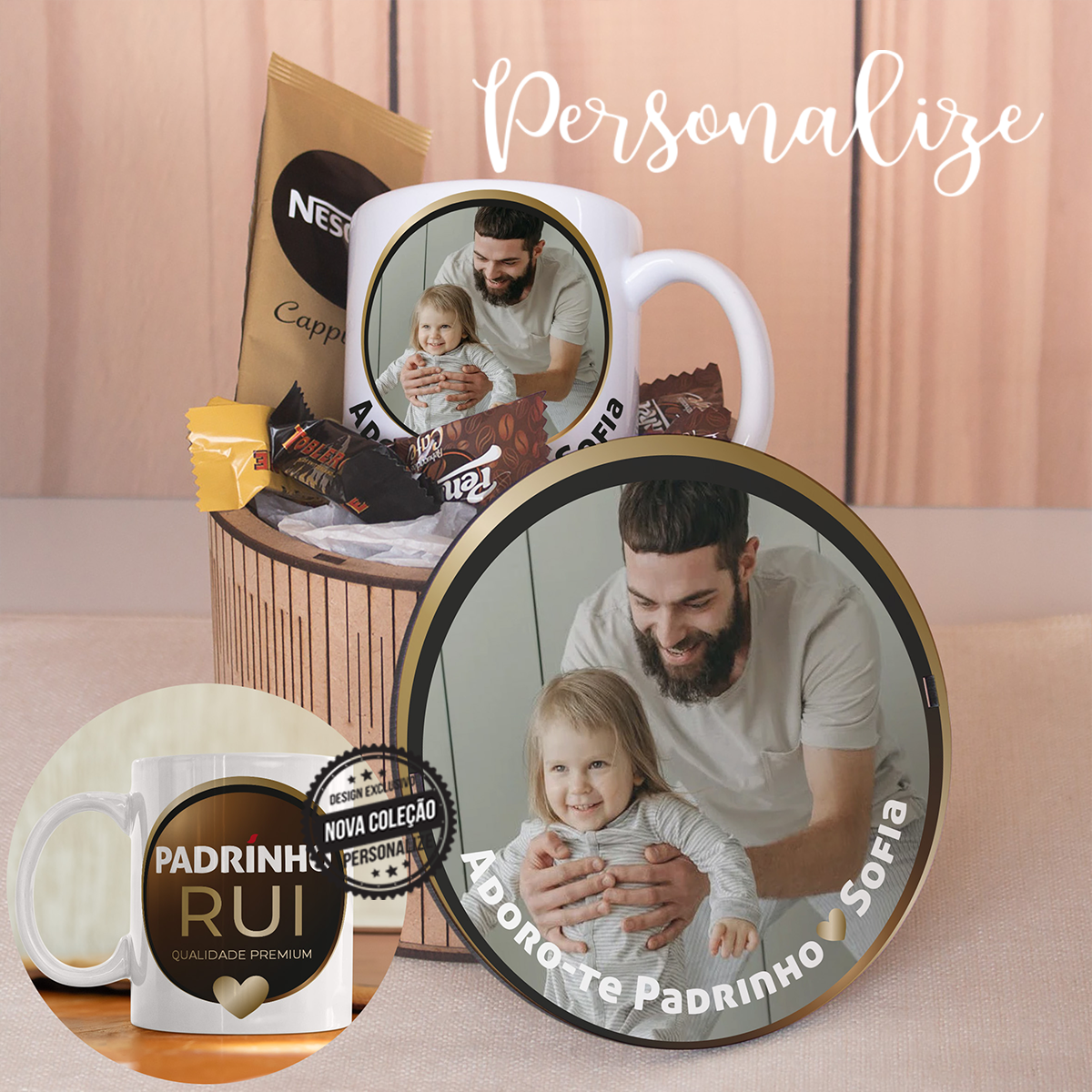 Novidade! Mais um kit super especial para surpreender o seu padrinho! Escolha a sua fotografia preferida e personalize como desejar. REF:MP386 Kit composto por: -1 caixa premium com tampa personalizada. - 1 caneca com gravação frente e verso personalizada. - 2 mini toblerones. - 6 rebuçados de café. - 1 capuccino.