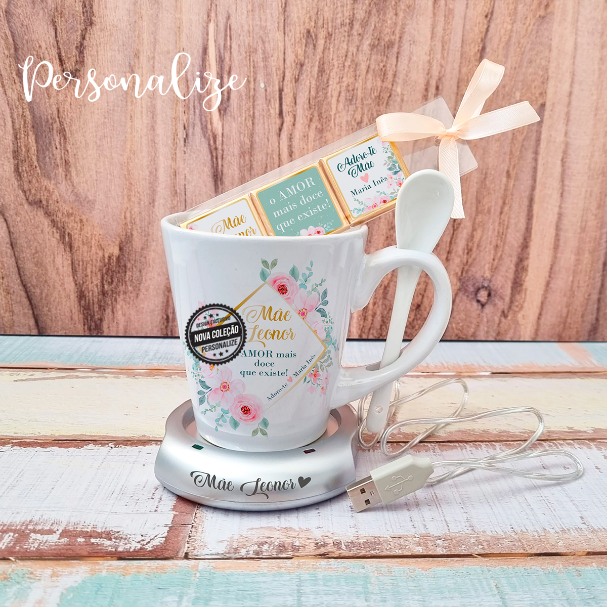 Conjunto caneca com aquecedor e chocolates "Mãe , amor mais doce..."