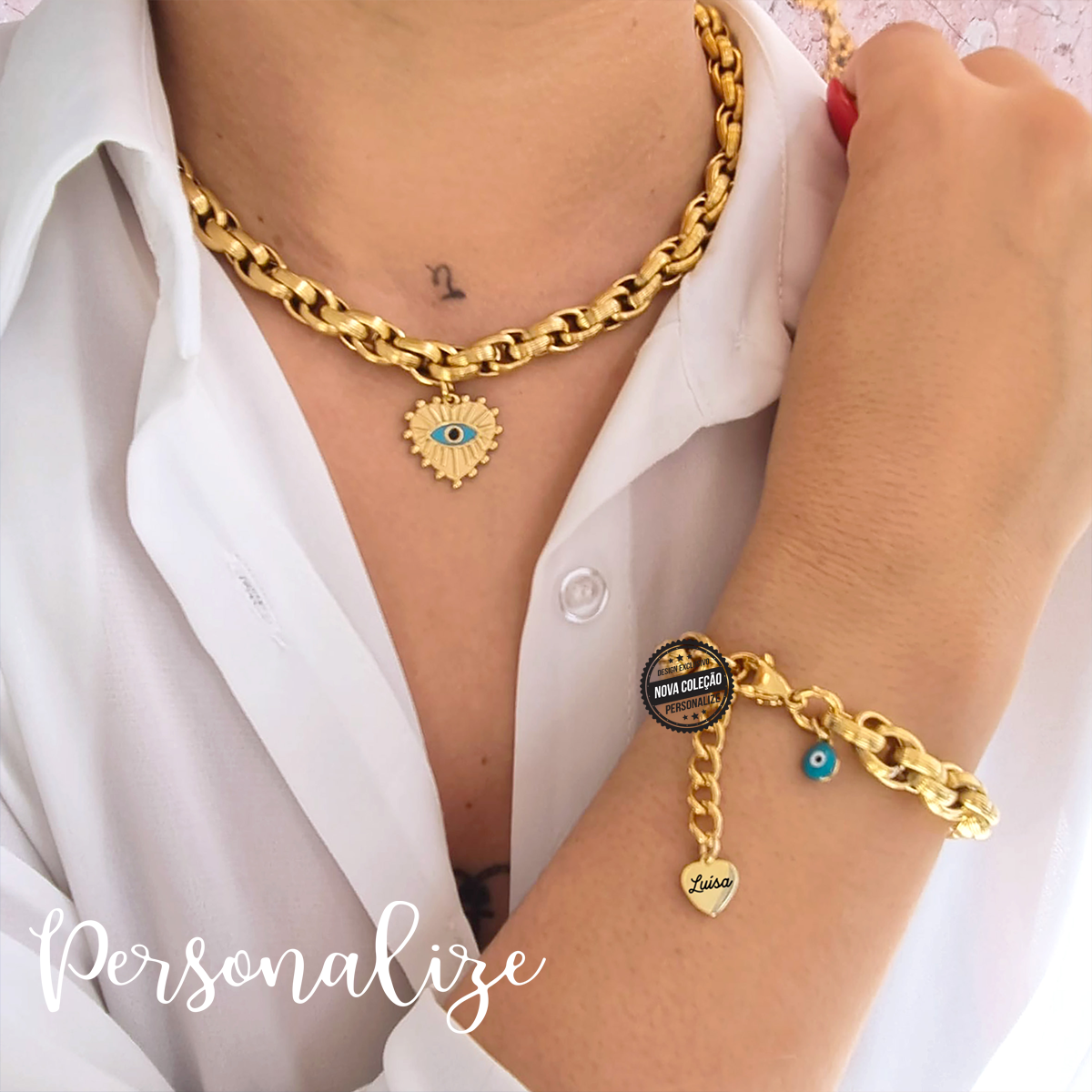 Peças super vistosas repletas de personalidade para completar qualquer look. Fio ou pulseira corrente com medalha coração e olho turco. Vendido em conjunto ou separadamente. Personalizável com um nome, iniciais ou símbolo no fecho.