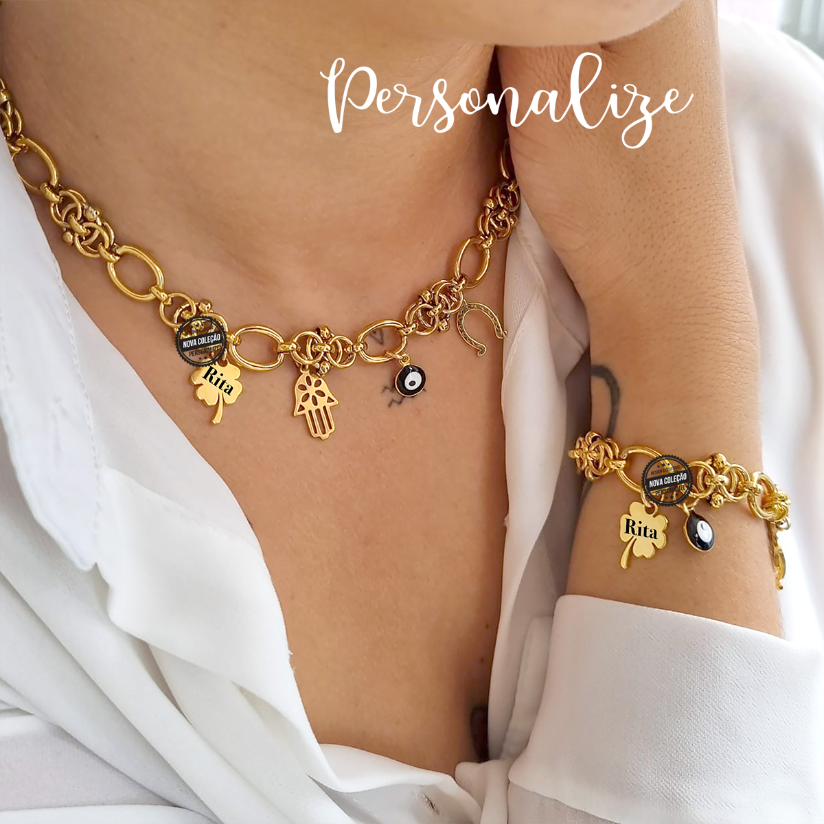 Novo conjunto de pulseira e fio amuletos da sorte, super vistoso e elegante para completar qualquer look de dia ou de noite. Pode personalizar o trevo com nomes, inicias, datas ou símbolos.