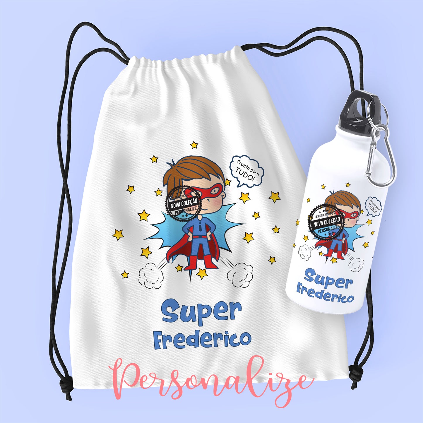 conjunto mochila e garrafa 400ml super miudos.