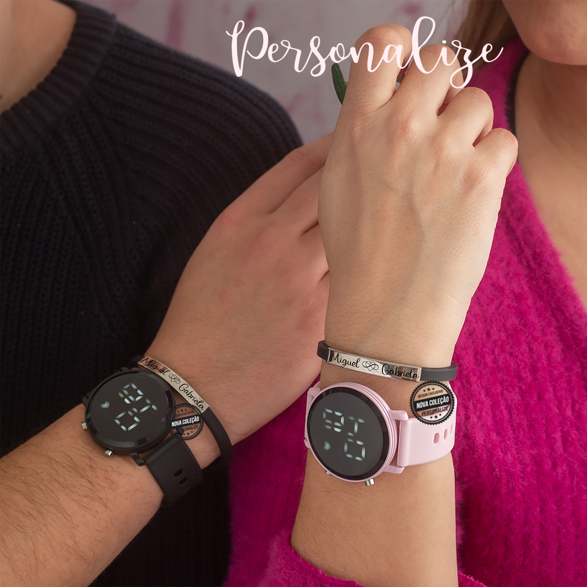 Conjunto relógio digital e pulseira "nomes"