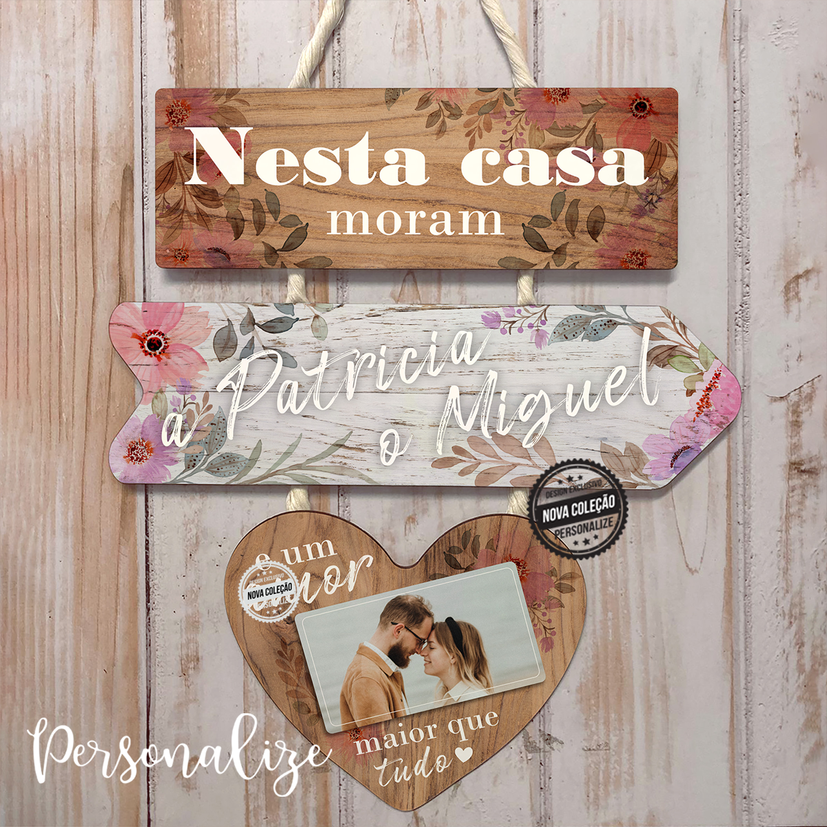 Quadro de três peças e corda corda em macramê. Uma peça decorativa super gira em que pode colocar a sua fotografia favorita com a sua cara metade. Personalize com a frase que desejar