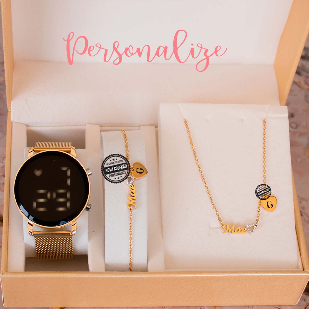 Conjunto "Mãe" relógio digital + pulseira + fio