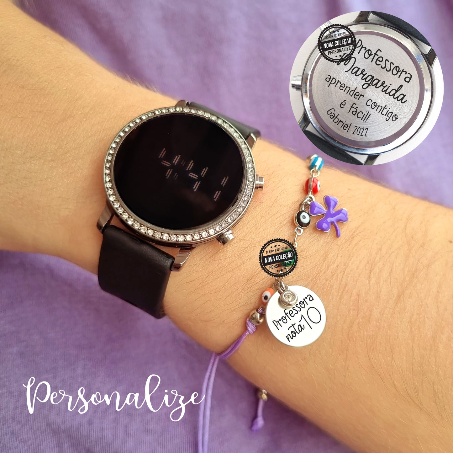 conjunto relogio personalizado no verso e pulseira com olhos turcps personalizada em medalha para esducadoras