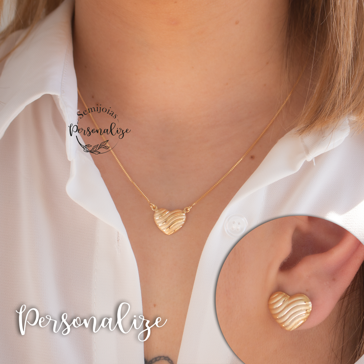 Conjunto semijoia fio e brincos coração