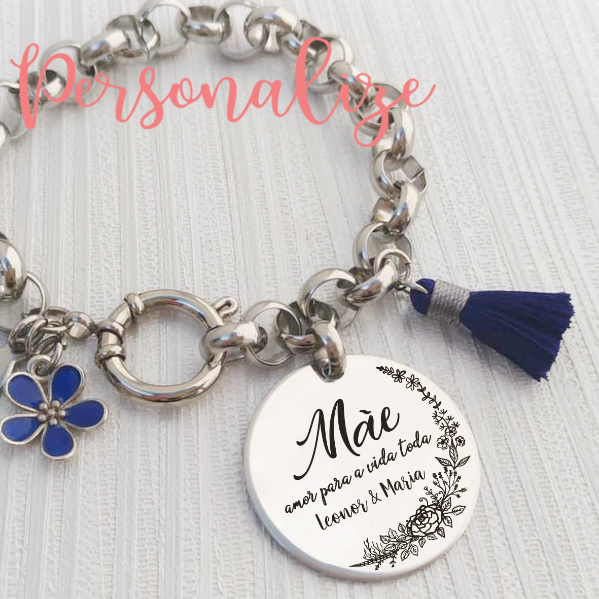 Pulseira aço inox com medalha " Mãe amor para a vida toda" Personalize