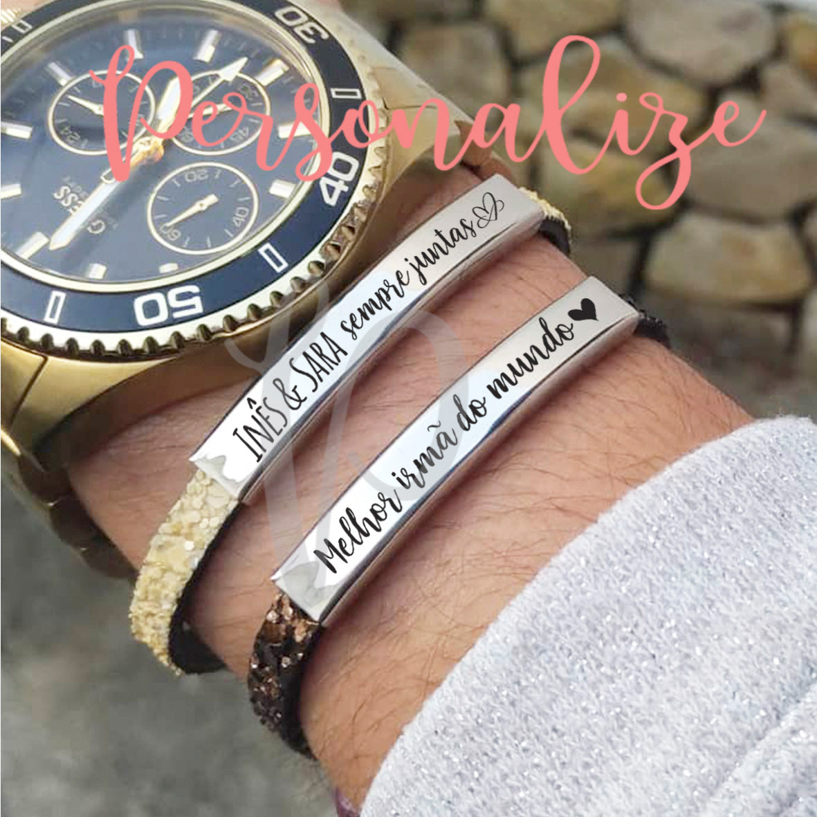Pulseiras em aço inox e cabedal tipo caviar Personalize