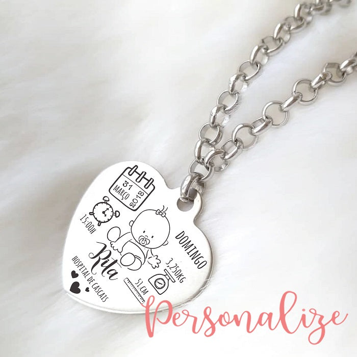 Fio com coração com dados de nascimento Personalize