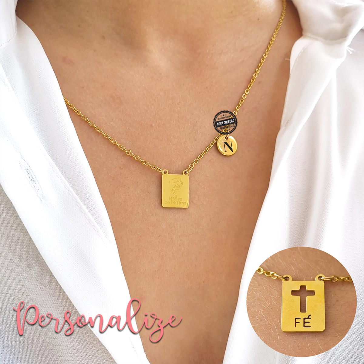 Traga consigo uma peça que a inspira todos os dias. Fio escapulário fé com a nossa senhora de Fátima na medalha da frente e medalha fé atrás. Personalize a medalhinha pequena com um nome ou iniciais. Disponível em prateado ou dourado.