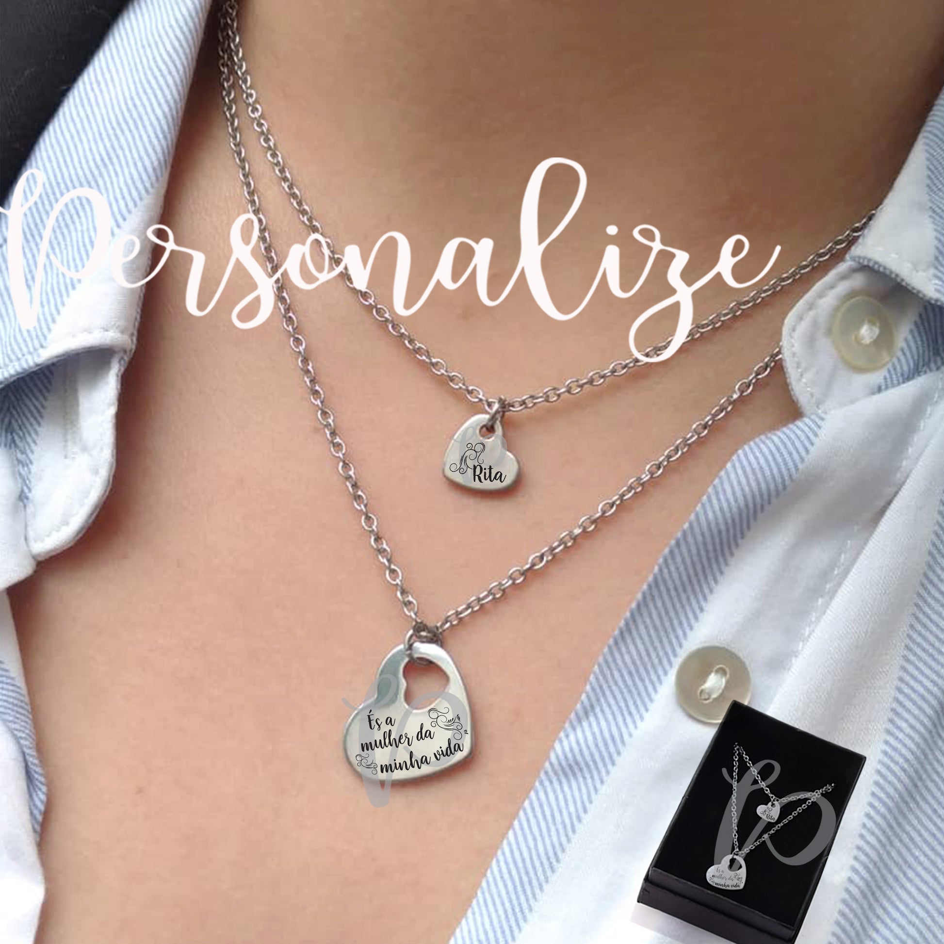 Fio duplo com 2 corações " És a mulher da minha vida" Personalize