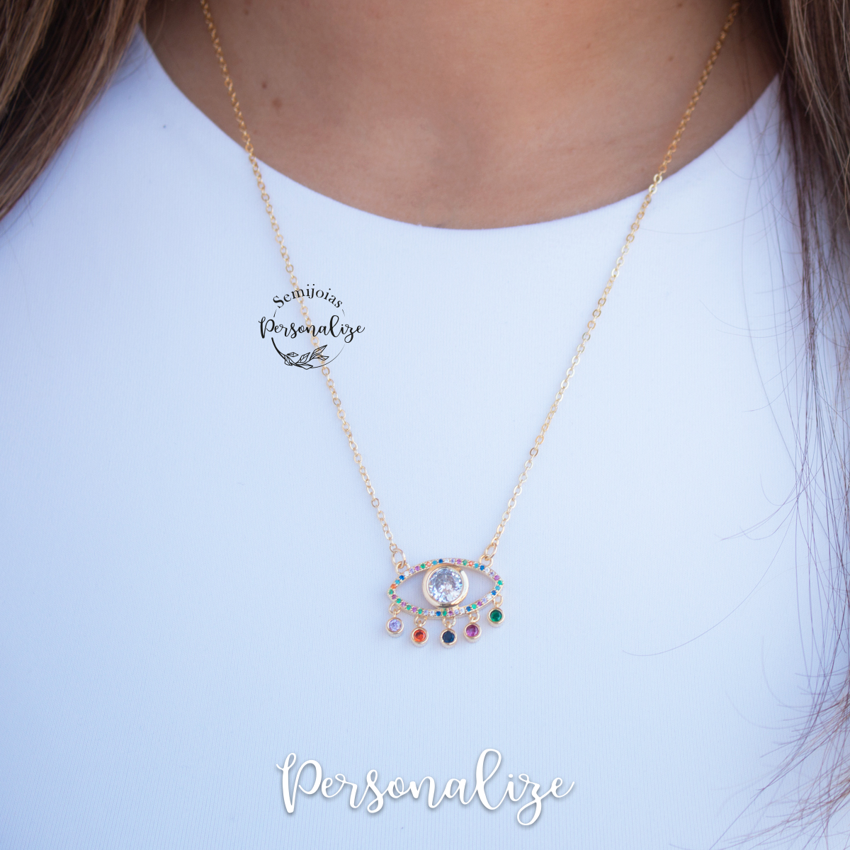 Fio olho turco banhado a ouro de 18k e zircónias coloridas