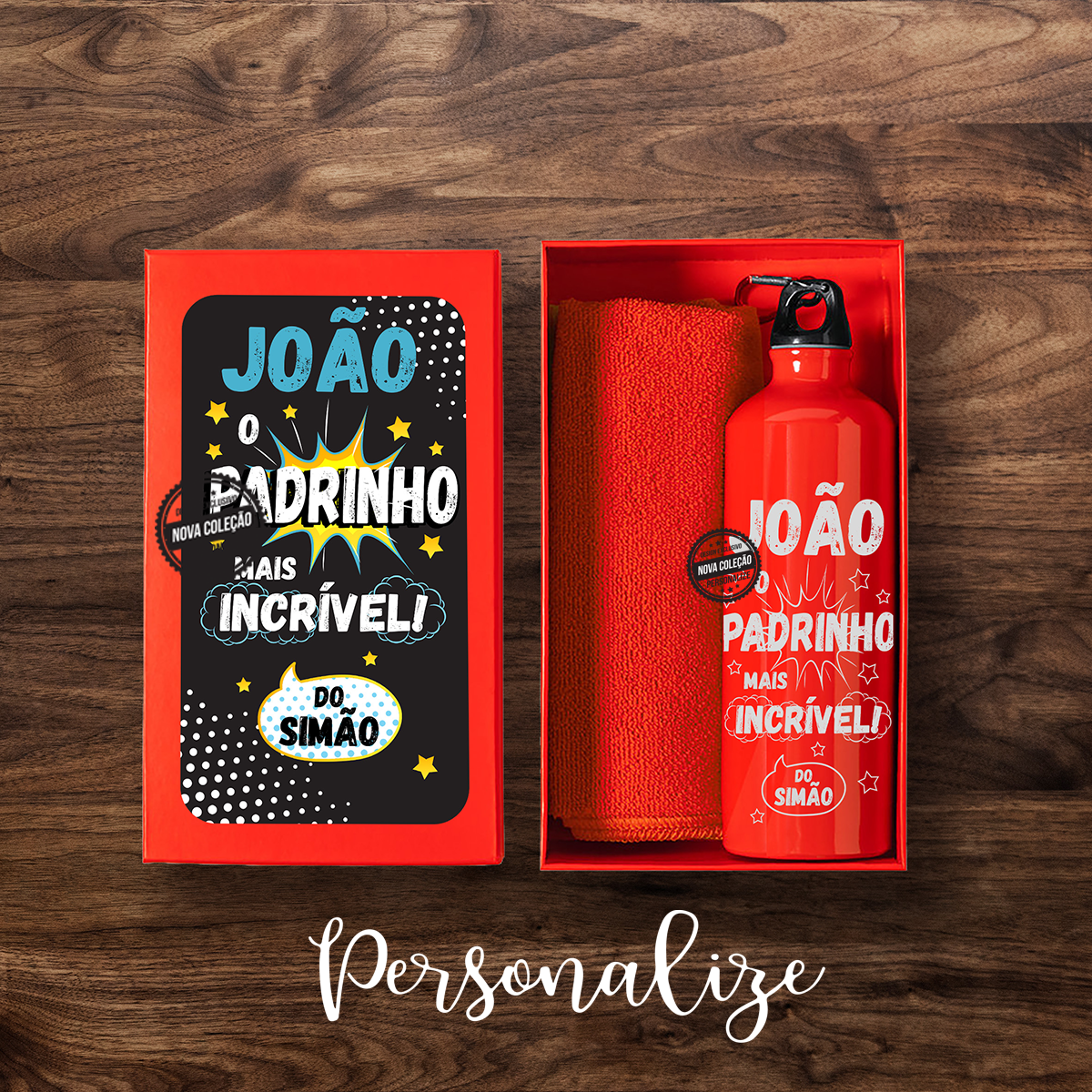 Novidade! Conjunto sport ideal para os padrinhos mais desportistas! Personalize com a frase que desejar e surpreenda com um presente super original personalizado por si! Disponível em azul ou vermelho. REF: MP367 Conjunto composto por: - Caixa personalizada. - Toalha absorvente de microfibra 160mg/m2 e tamanho 40x90cm. - Garrafa em alumínio de 800ml. Tampa de segurança de rosca e mosquetão.