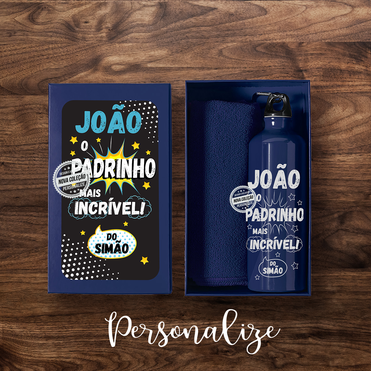 Novidade! Conjunto sport ideal para os padrinhos mais desportistas! Personalize com a frase que desejar e surpreenda com um presente super original personalizado por si! Disponível em azul ou vermelho. REF: MP367 Conjunto composto por: - Caixa personalizada. - Toalha absorvente de microfibra 160mg/m2 e tamanho 40x90cm. - Garrafa em alumínio de 800ml. Tampa de segurança de rosca e mosquetão.