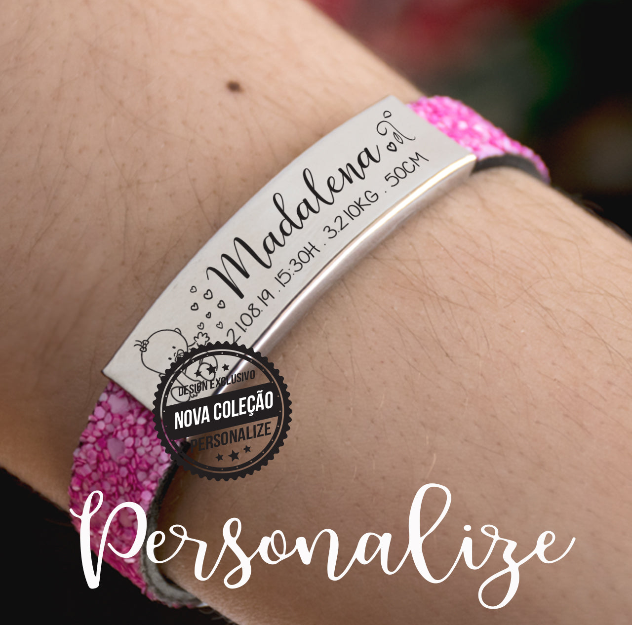 Pulseira em cabedal e aço inox "Dados Nascimento" Personalize