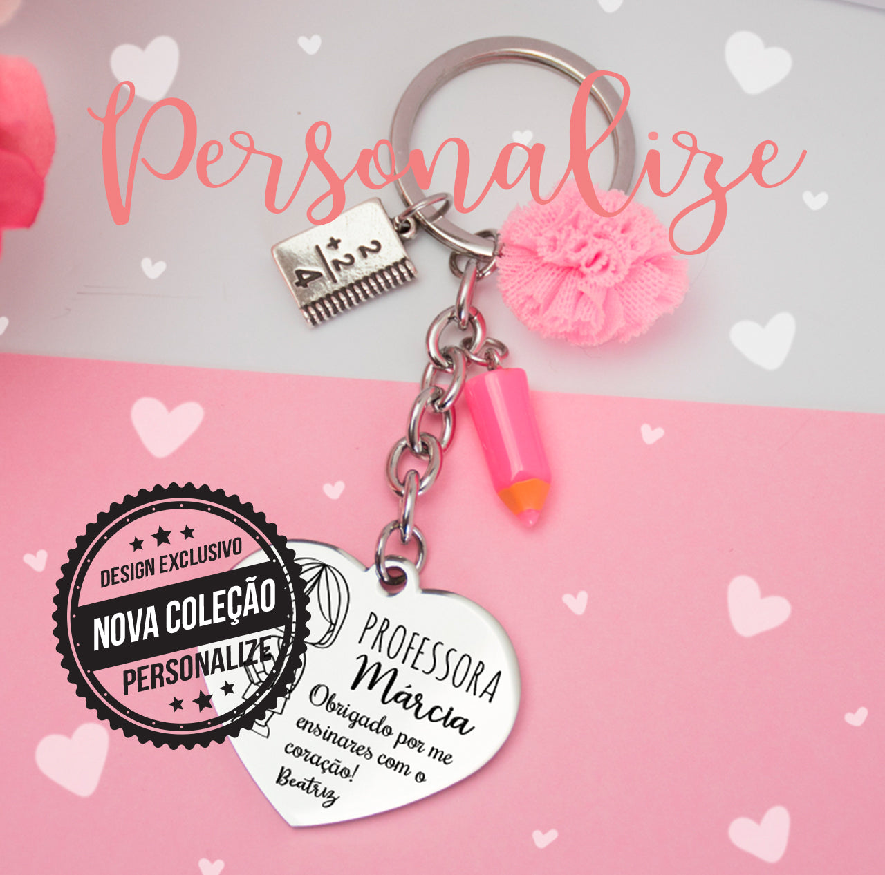 Porta chaves em coração " Professora...obrigado por me ensinares com o coração" Personalize