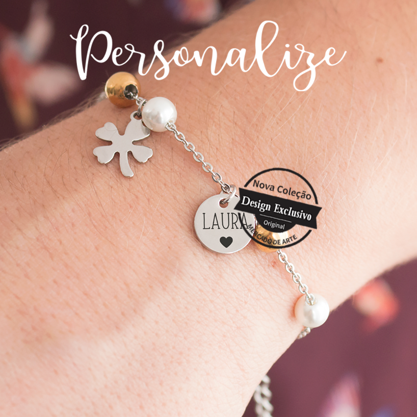 Pulseira perolas e trevo "nome"