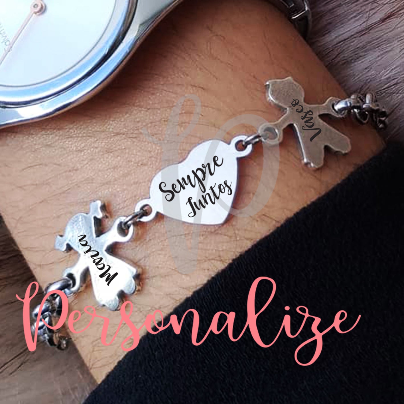 Pulseira Aço Inox Banho de Prata "Sempre Juntos" & Nomes Personalizáveis Personalize