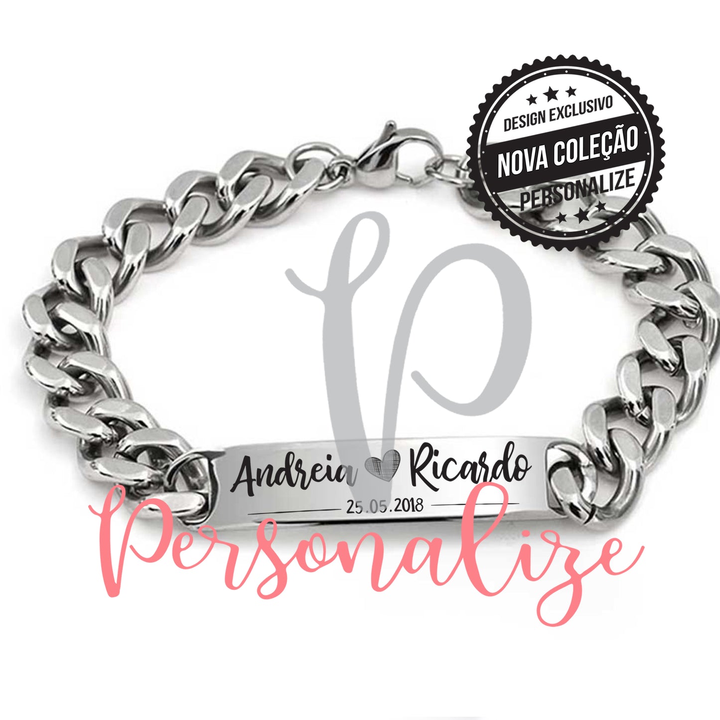 Pulseira aço inox " nomes + data " Personalize