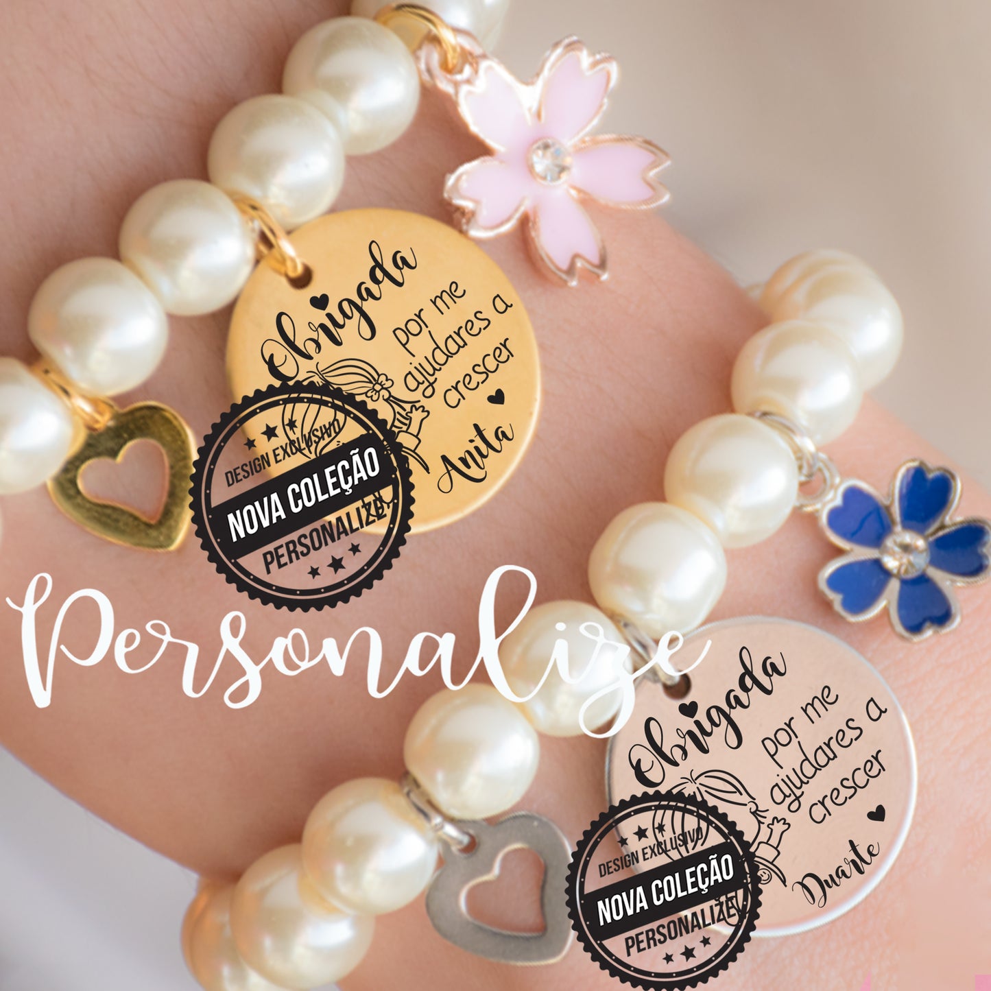 Pulseiras de pérolas " Obrigada por me ajudares a crescer" Personalize