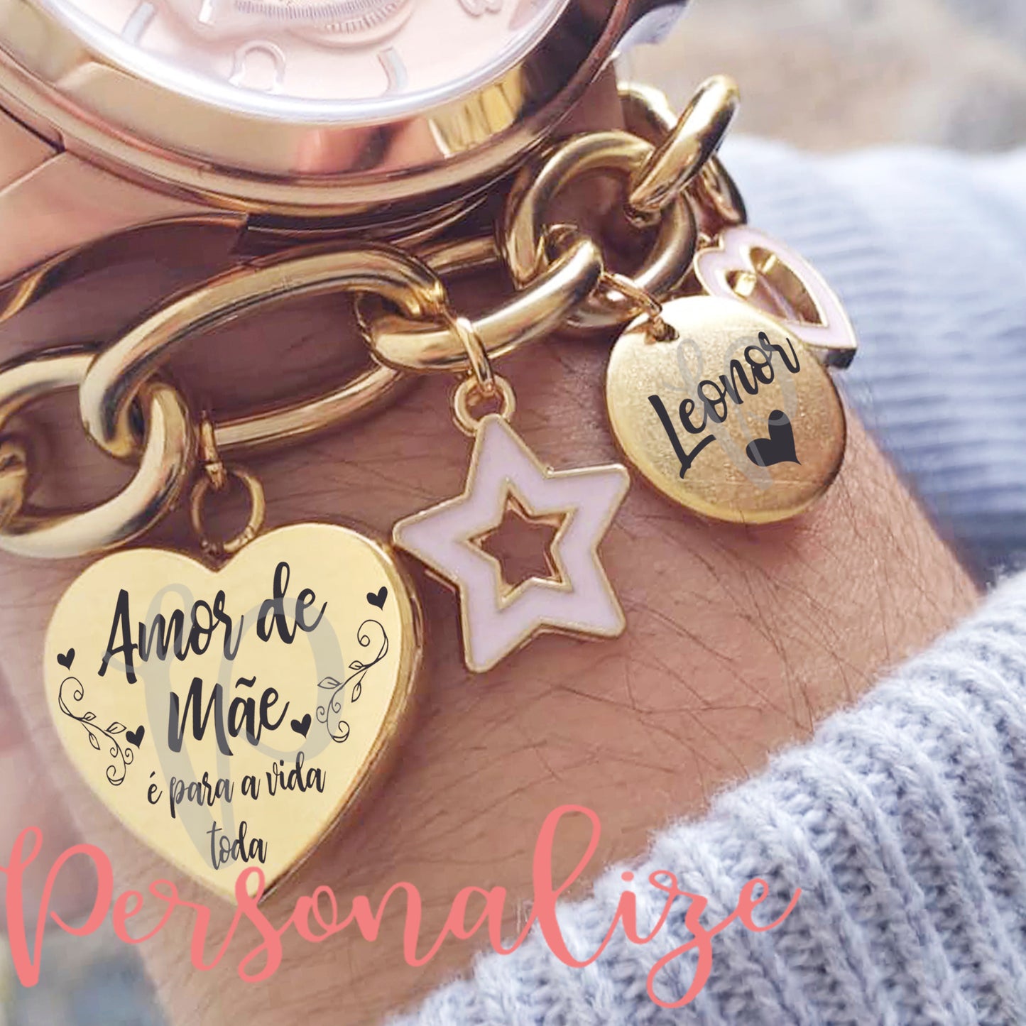 Pulseira elos largos aço inox " Amor de mãe, é para a vida toda " Personalize