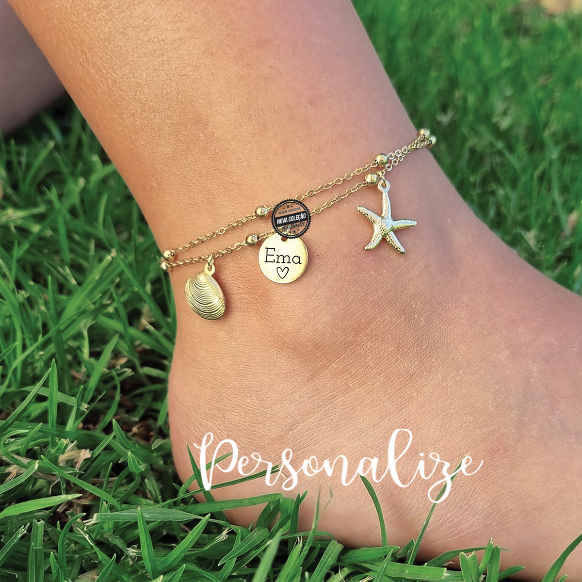 Pulseira dupla em aço com pendentes ed mar e medalhinha personalizada por si com nome iniciais ou símbolos.