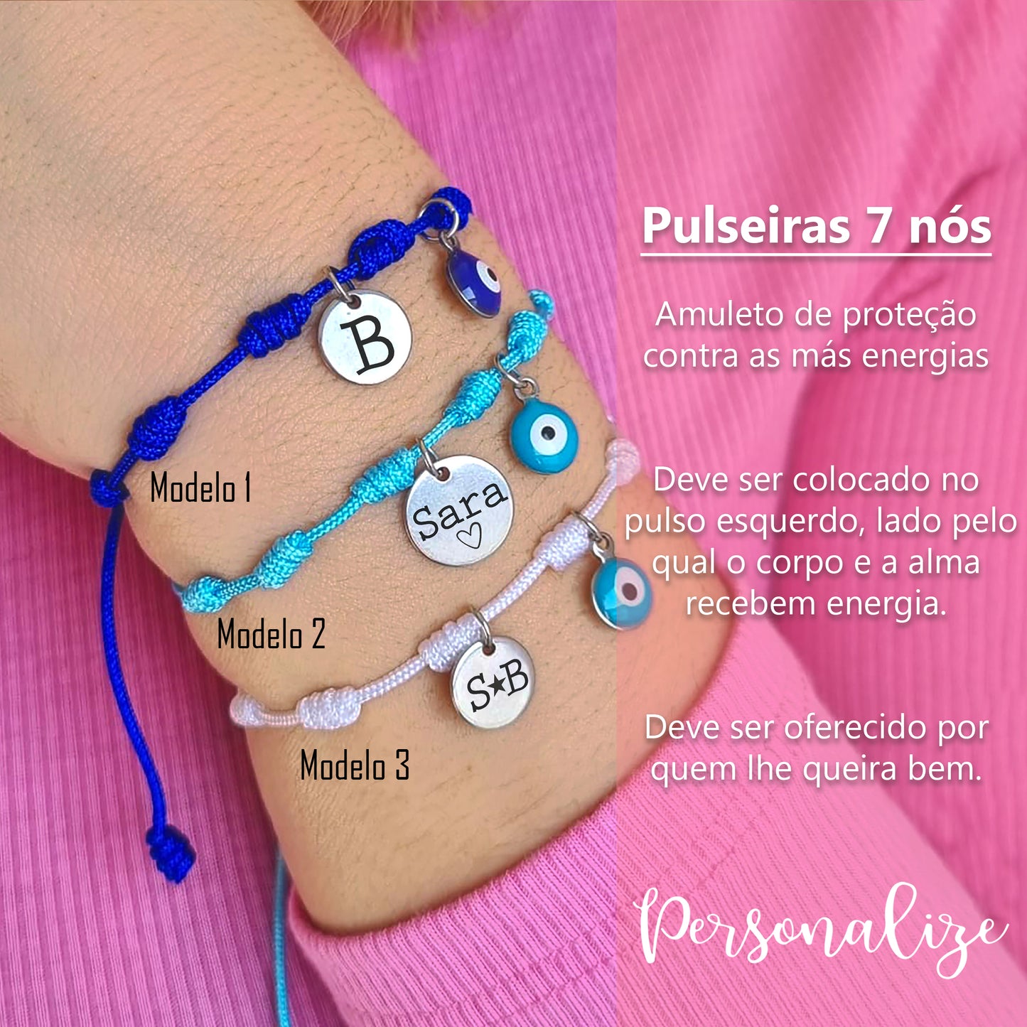 Novidade! A pedido das nossas clientes finalmente chegaram as nossas pulseiras 7 nós de variadas cores. Pulseiras 7 nós um amuleto contra as más energias para ter sempre consigo. Escolha com o nome ou inicial. Preço unitário. Vendidas separadamente. REF: PERS474