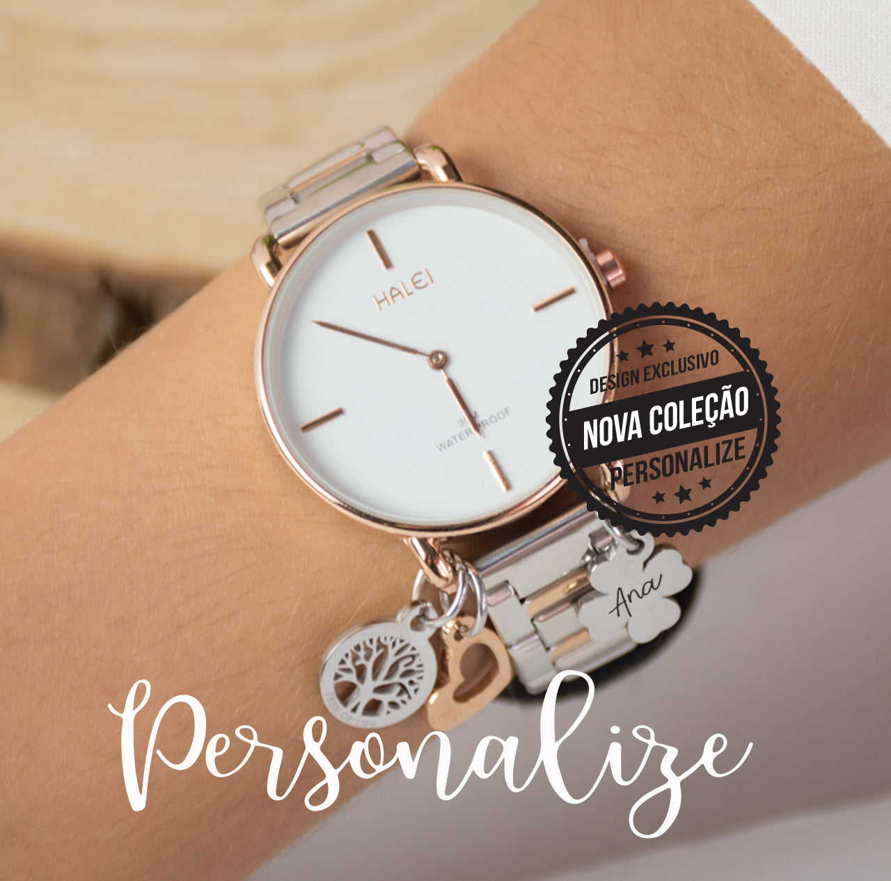 Relógio aço inox, 3 acessórios com gravação de nome Personalize