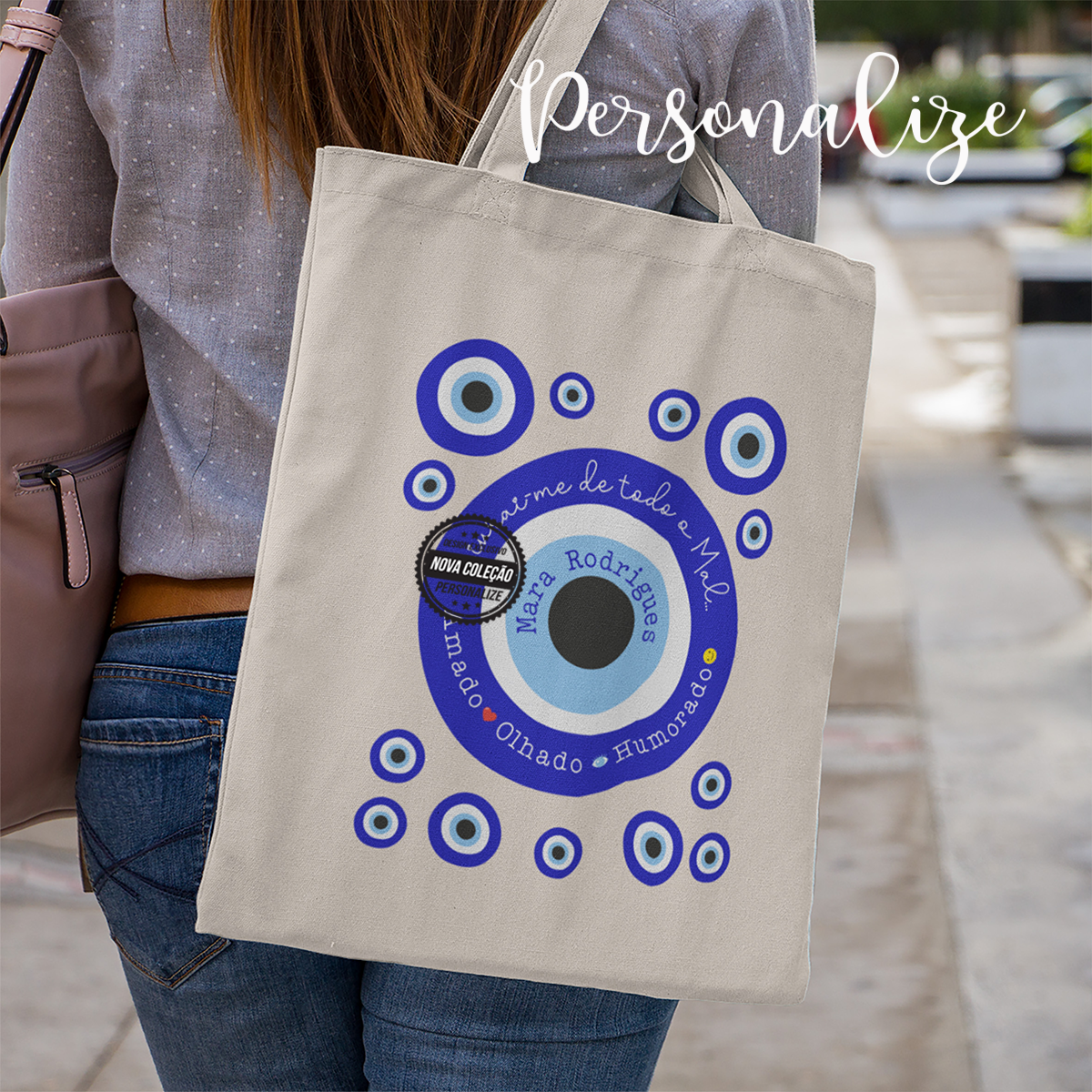 Saco de tecido super giro com o olho turco que pode personalizar com a frase e nome que desejar.