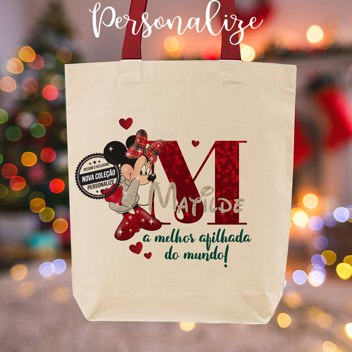 Saco de tecido "minnie" com alças vermelhas, para a melhor afilhada do mundo. Personalize com a frase que desejar.