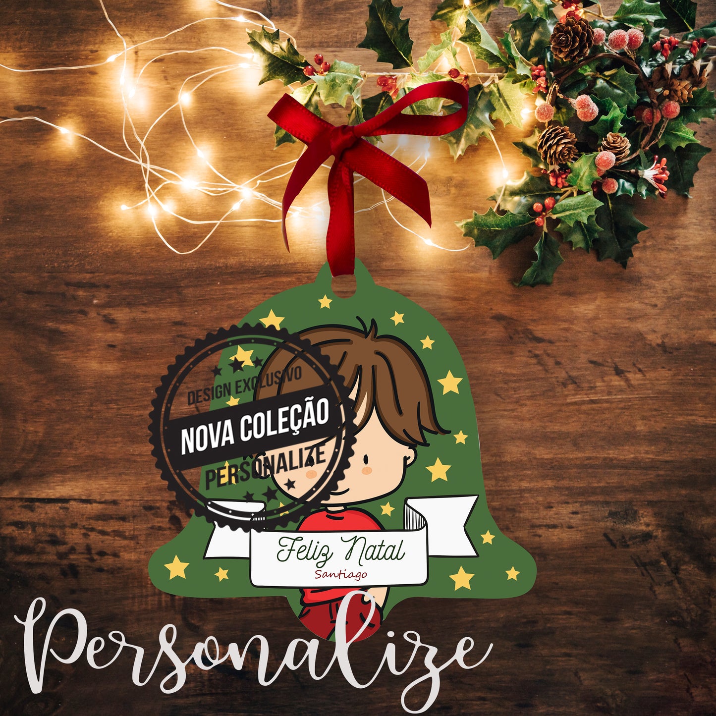 Sino de Natal plano com menino Personalize