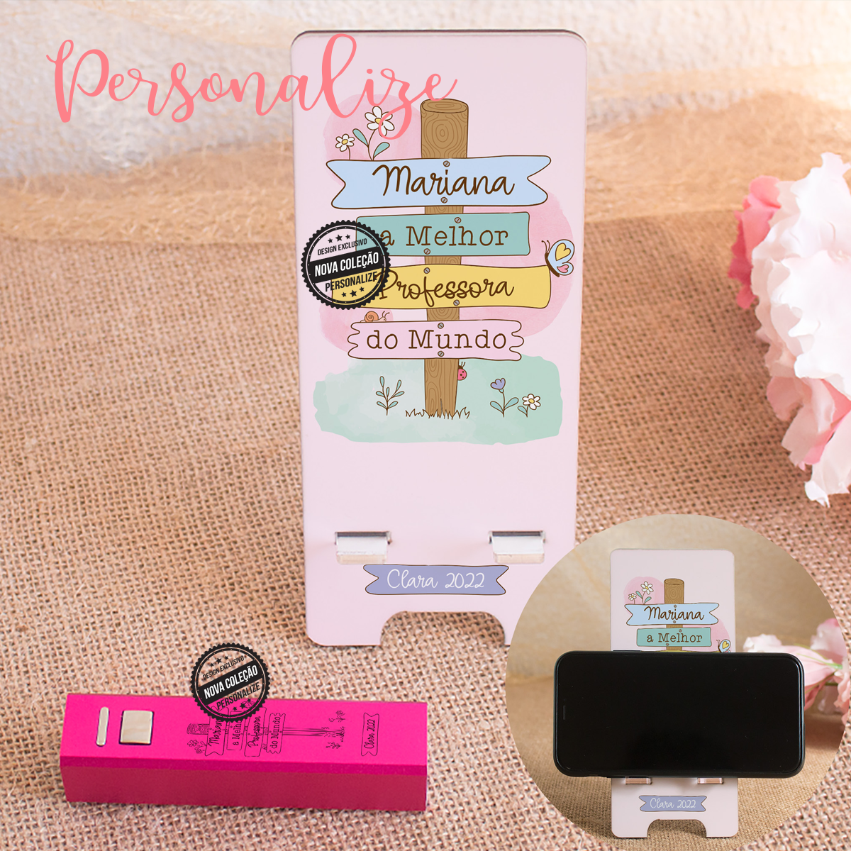 conjunto power bank e suporte de telemovel melhor professora do mundo