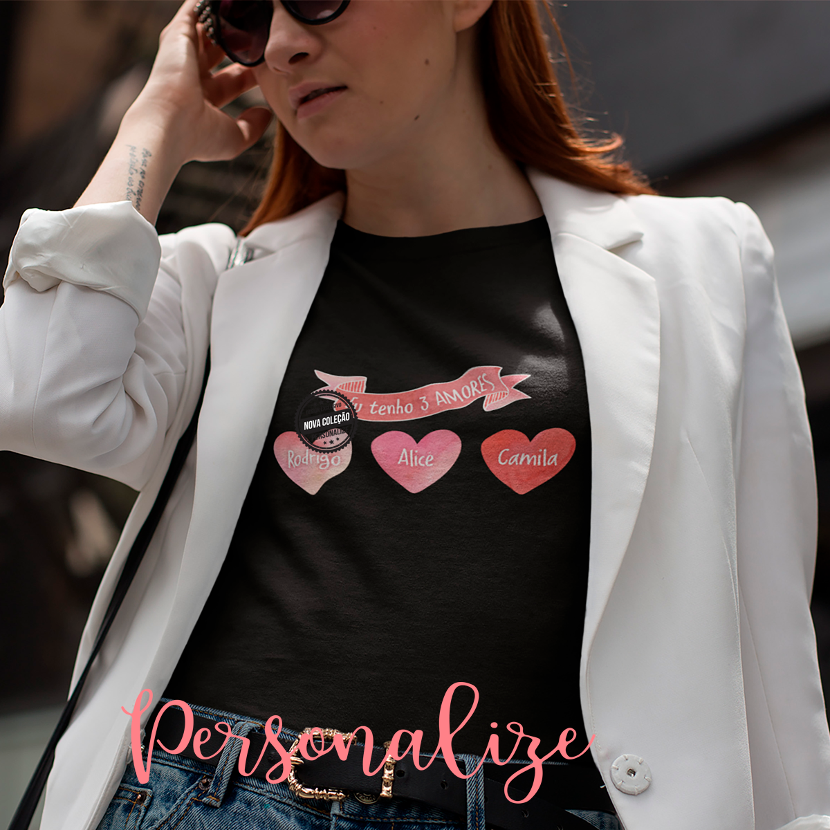 T-Shirt 100% algodão "Eu tenho 3 amores"