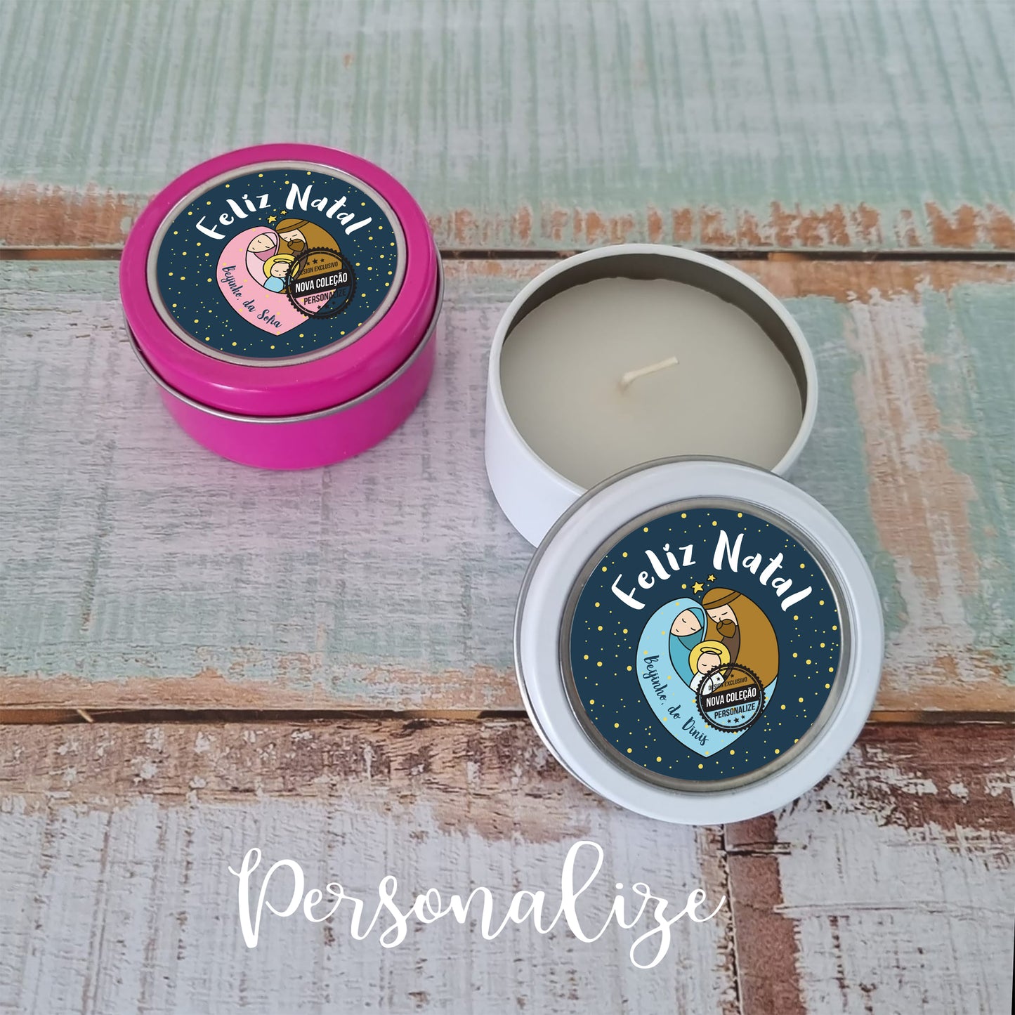 Vela perfumada de natal Presépio "Feliz Natal . Um presente super cheiroso e económico. Personalize na tampa com a frase que desejar. Disponível em rosa ou branco.