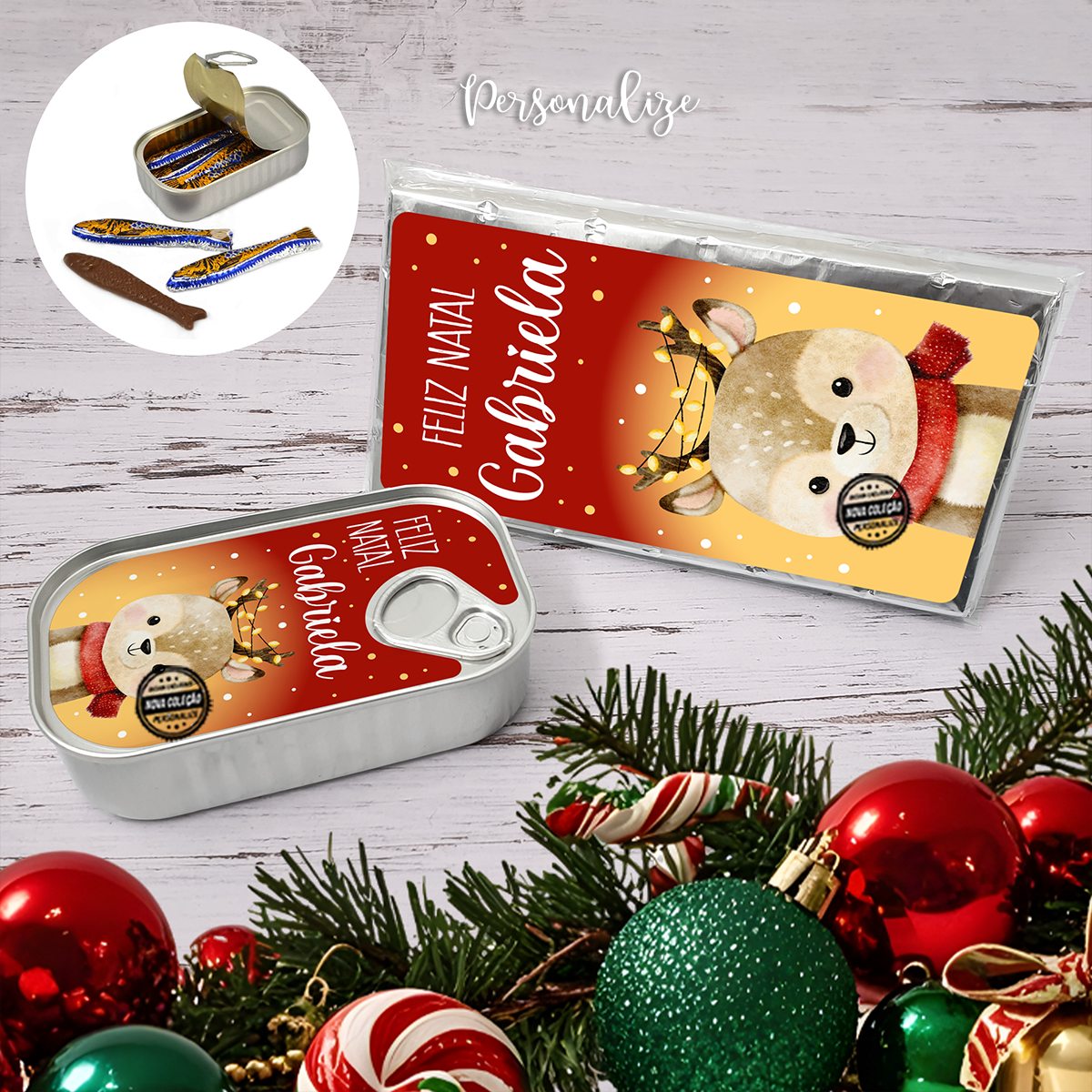 Talete chocolate e/ou latinha de sardinha Rena "feliz natal"