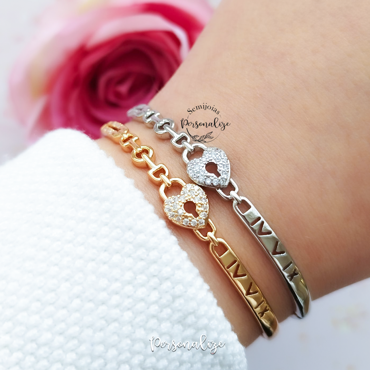 Pulseira escrava semijoia coração cadeado