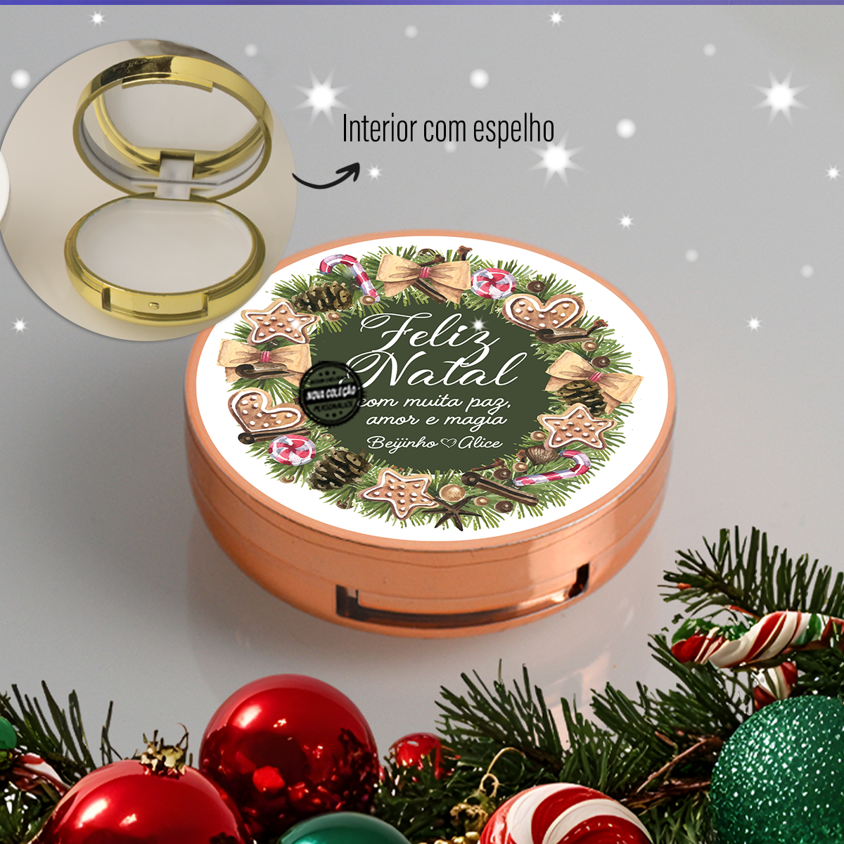 Balsamo labial com espelho "Feliz Natal"