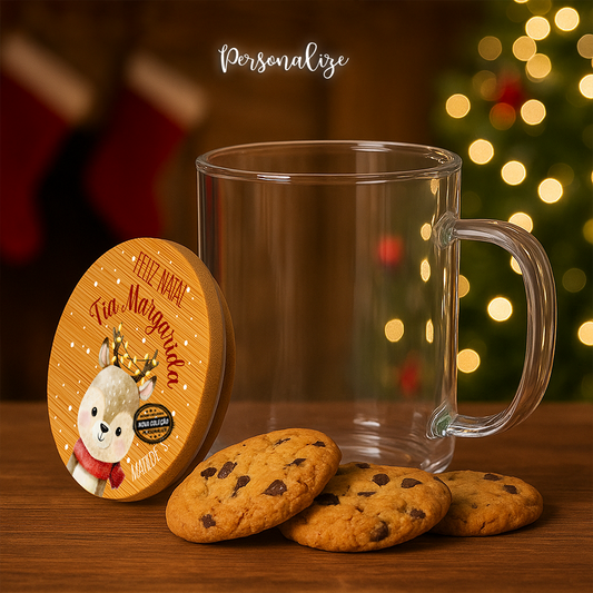 Caneca de vidro e tampa de bambu rena "Feliz Natal"
