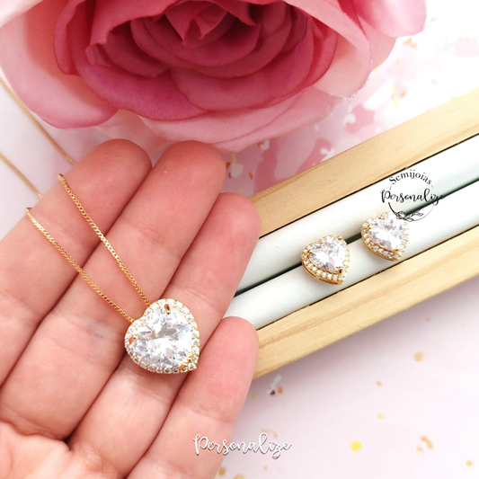 Conjunto semijoia coração cristal