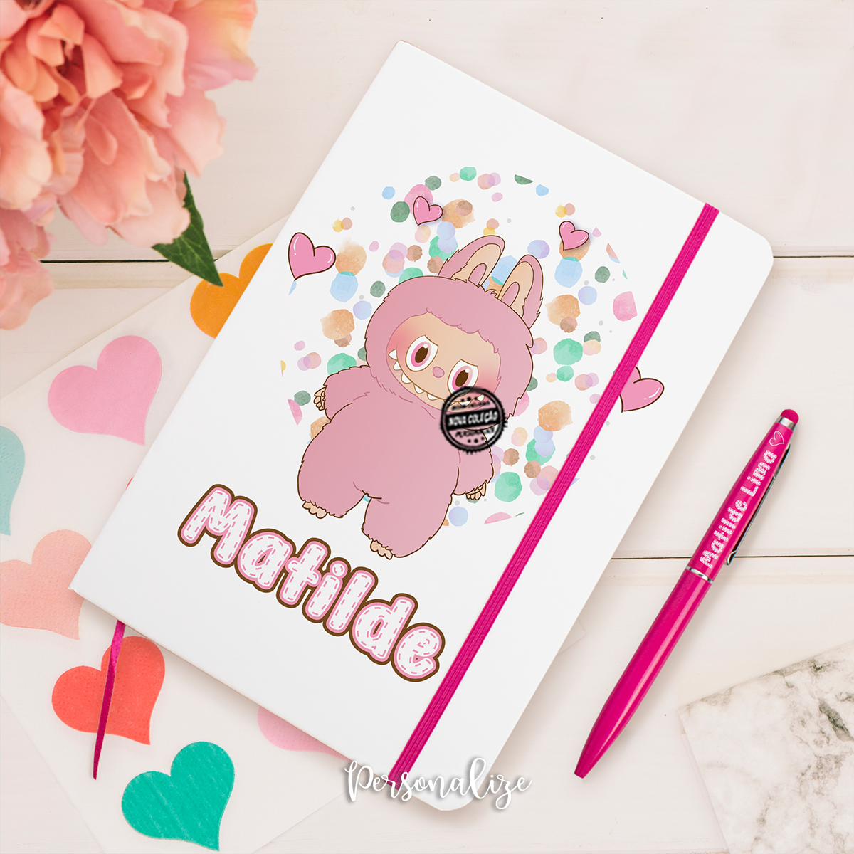 Bloco e caneta nome "Labubu"
