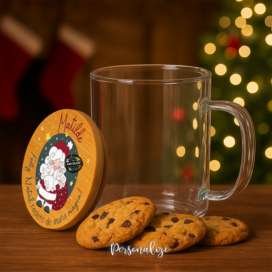 Caneca de vidro com tampa Pai Natal "Magia do Natal"