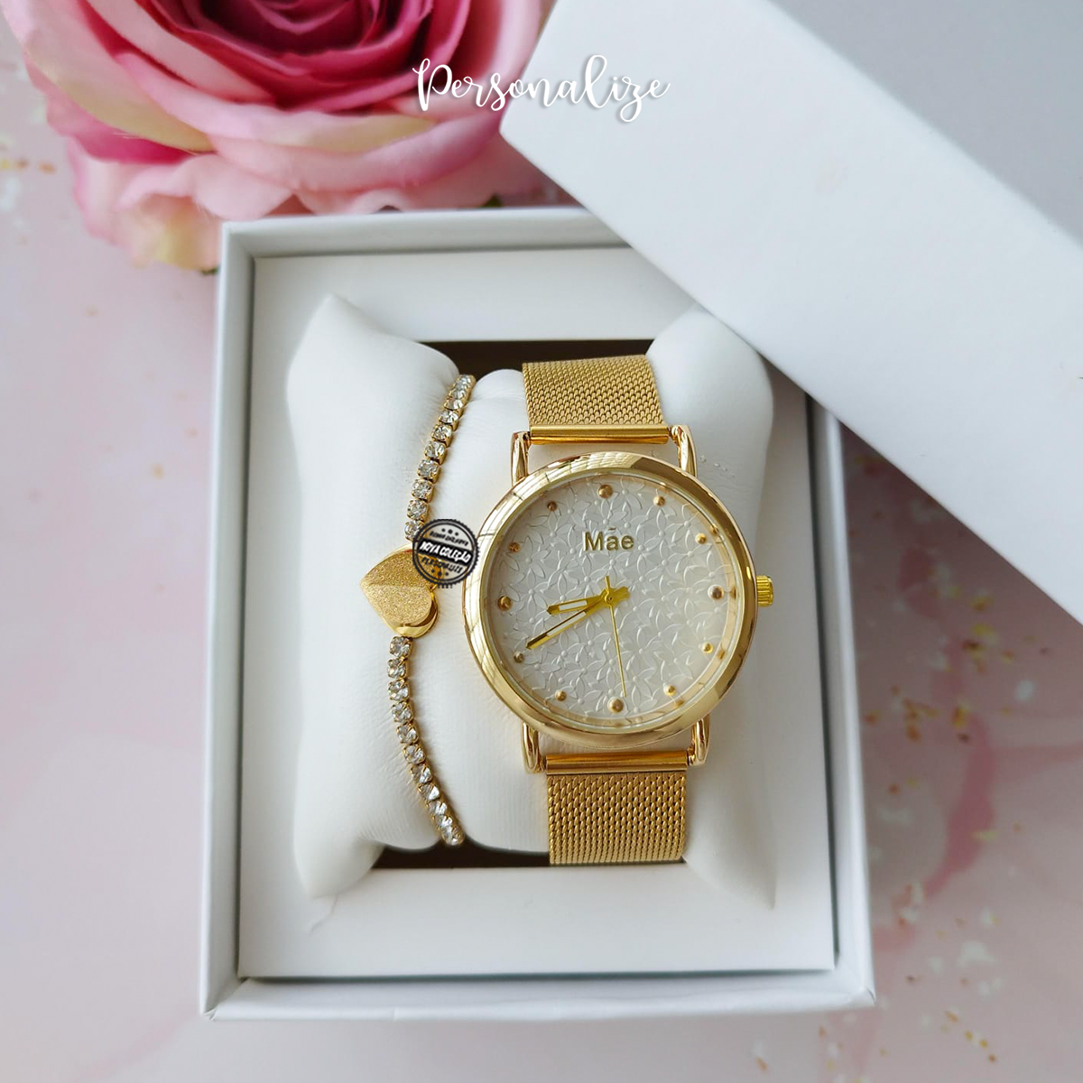 Conjunto relógio floral e pulseira "Mãe"